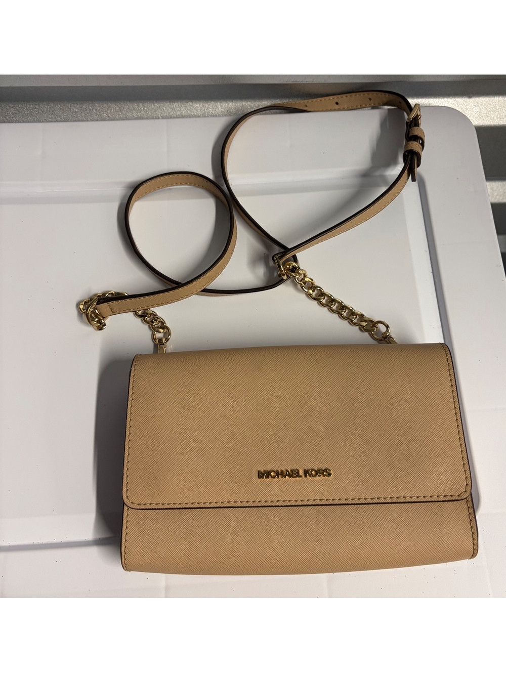 Michael Kors Beige Leather Crossbody Bag with Gold Chain Strap